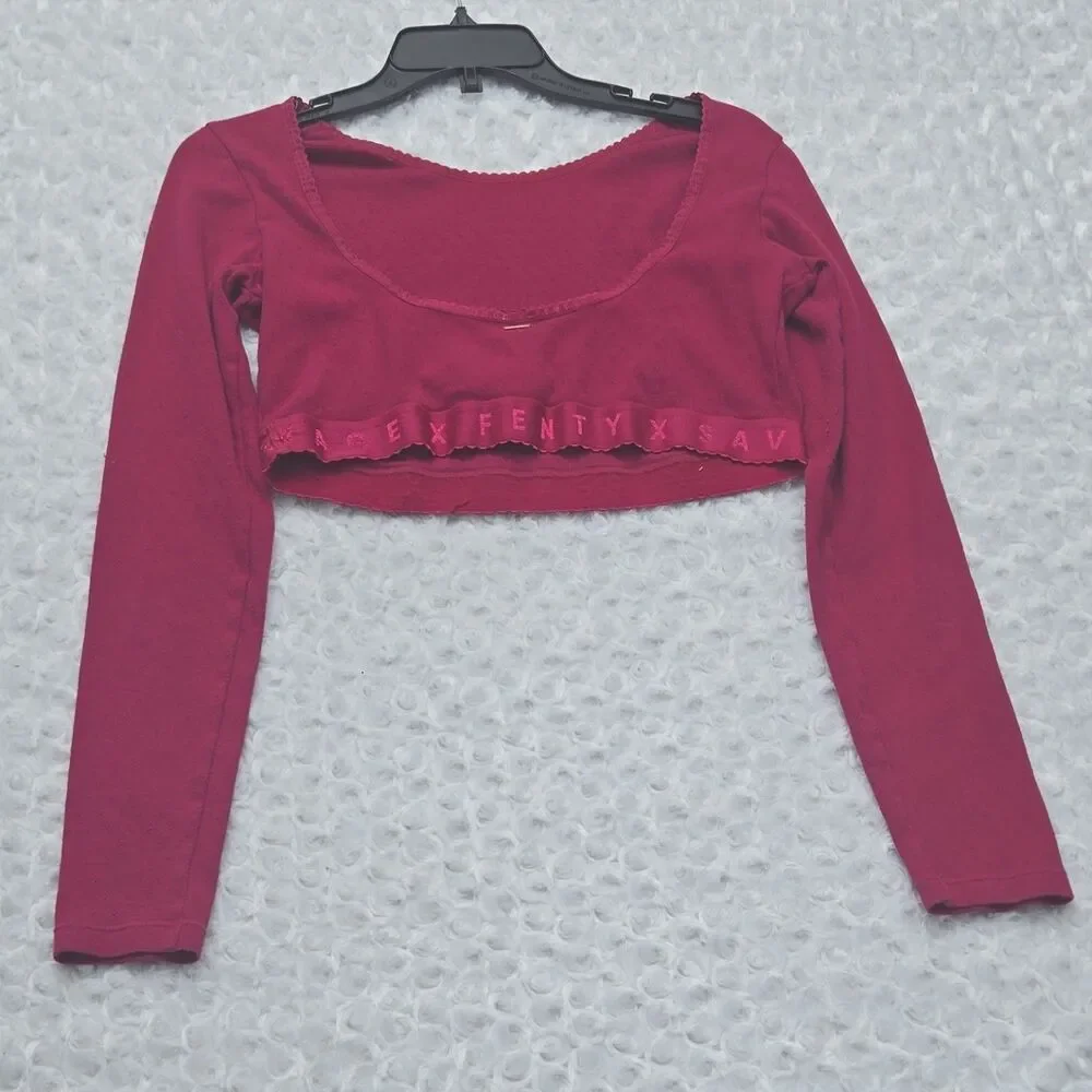 Savage X Fenty Women's Pink Cropped Knit Long Sleeve Top XL 100% Cotton